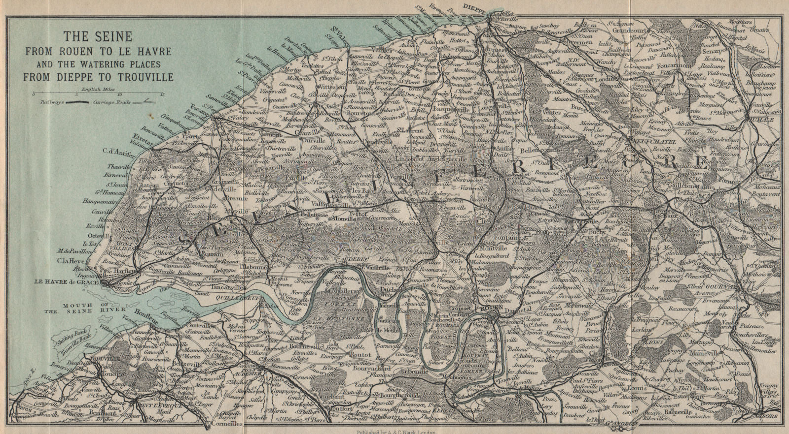SEINE VALLEY. Rouen-Le Havre. Seine-Maritime & Eure. Dieppe Trouville 1913 map